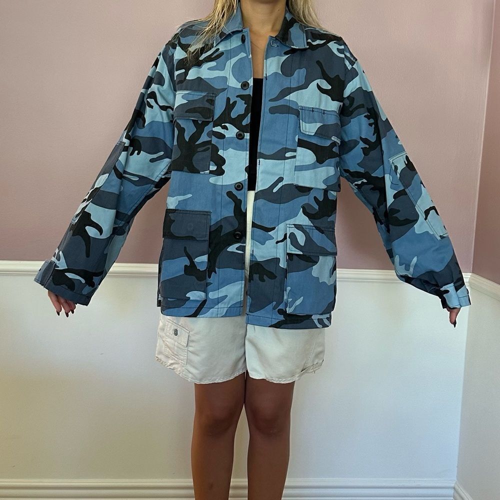 Navy Blue Camouflage Military Shacket Shir…